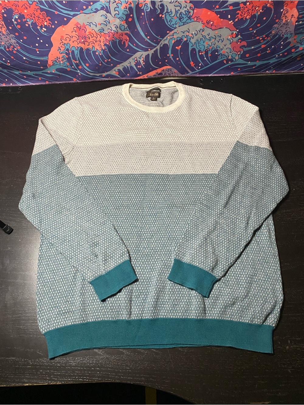 Tasso Elba Teal and Cream Colorblock Crewneck Sweater